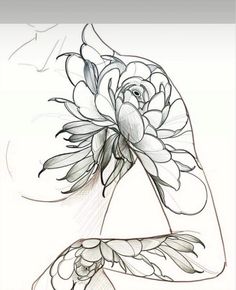 a drawing of a woman's arm with flowers on the top and bottom half