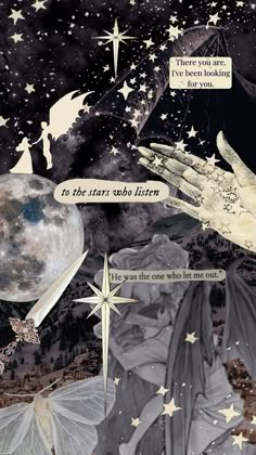 a collage of images with stars and moon in the sky, including an image of a hand reaching out to another person's hand