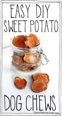 an easy diy sweet potato dog chews recipe in a glass jar with the title