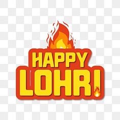 happy lohri text with fire and flames in the background, logo design, cartoon png