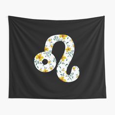 the letter s with flowers and leaves in white on black tapestry wall hanging art print