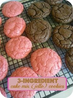 cookies cooling on a wire rack with pink frosting and the words, 3 ingredient cake mix jelly cookies