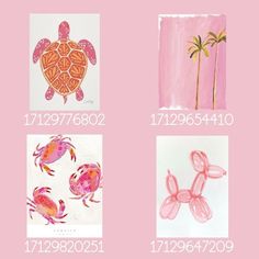 four different pictures of sea animals and palm trees on pink paper with numbers in the middle