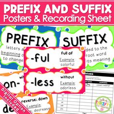 a poster with the words reflex and suffx in different colors, including pink, green