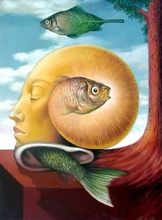 a painting of a man's head with fish in it