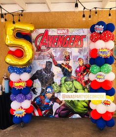 Avengers Backdrop Ideas, Avengers Birthday Backdrop, Avengers Balloon Arch, Avengers 5th Birthday Party, Avengers Balloon Garland, Marvel Backdrop, Avengers Party Ideas Decoration, 5th Birthday Ideas For Boys Themes, Marvel Themed Birthday Party