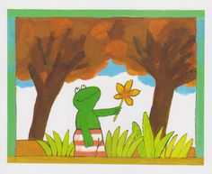 a drawing of a frog holding a flower in front of two trees with leaves on them