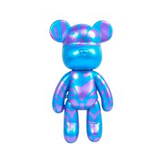 a blue and purple teddy bear on a white background