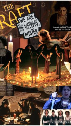 collage of images with people and candles in the background, including an image of witches