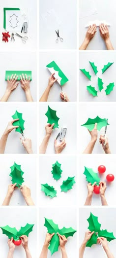 the steps to make christmas decorations with green paper and red balls on them, including holly leaves