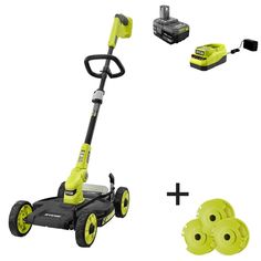 an electric lawn mower with wheels and accessories