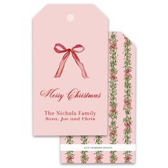 two pink christmas gift tags with red bows and holly branches on them, one is for the