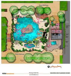 a plan for a garden with lots of trees and plants around it, including a pond