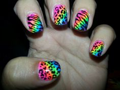 Rainbowtastic leopard and zebra nail art ♥ Scenecore Nails, Scene Kid Nails, Rainbow Cheetah Nails, Rainbow Leopard Print Nails, Rainbow Animal Print Nails, Animal Print Y2k Nails, Leopard Print Nails Y2k, Zebra Nail Art