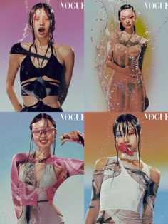 four different photos of women in swimsuits with water splashing on them and the words yogii vol 1 written below