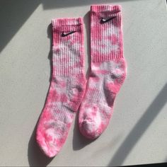 Handmade Tie Dye Nike Socks, Please Keep That In Mind Because Each Pattern Is Unique! Super Trendy! New Nike Crew Performance Cushioned Socks Fits: Women 6-10 And Men 6-8 Color: Pink And White - To Ensure Color Doesn’t Transfer To Other Clothing Items, Wash Separately With Cold Water And Hang Dry - Pink Nike Socks, Volleyball Socks, Cushioned Socks, Pink Basketball, Bike Socks, Pink Tye Dye, Tie Dye Socks, Nike Socks, Basketball Socks