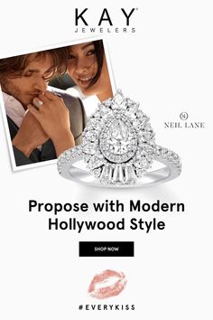 the engagement ring is shown with an image of a man and woman in front of it