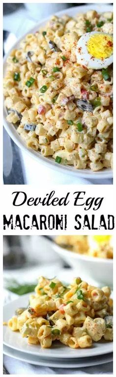 macaroni salad with an egg in the middle and another side dish on top