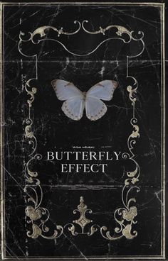 a book cover with a butterfly in the middle and an ornate frame around it, on top of a black marble surface