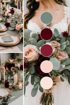 the wedding table is set with flowers, candles and greenery in shades of burgundy