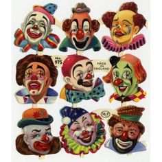 a bunch of clowns with different facial expressions