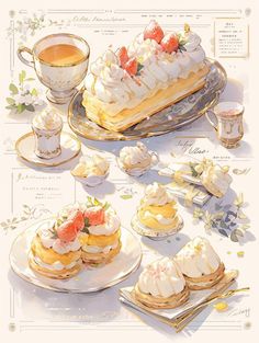 there are many desserts on the table with cups and saucers