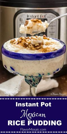 instant pot mexican rice pudding in a blue and white bowl