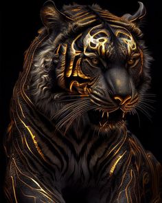 a tiger with gold and black stripes on it's face, sitting in front of a black background