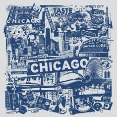 chicago skyline collage in blue and white with the word chicago surrounded by images of buildings