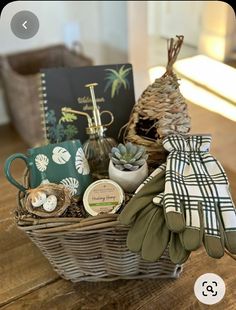 a basket filled with items sitting on top of a wooden table