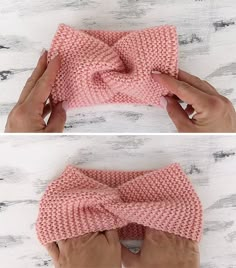 two pictures showing how to make a knitted bow tie