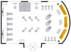 an office floor plan with chairs and tables