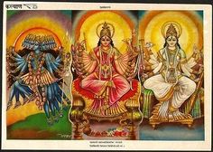 three deities sitting on chairs in front of an image of the hindu god and goddess