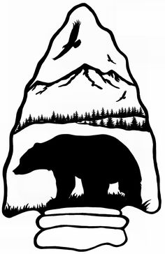 a black and white drawing of a bear in front of a mountain with pine trees