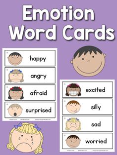 emotion word cards with different faces and expressions on them, including the words'emotions '