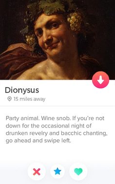 an image of a man with flowers on his head and the caption that says dionyus