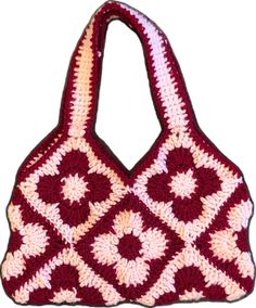 Retro Red Square Shoulder Bag, Granny Square Crochet Tote Bag Gift, Granny Square Crochet Tote Bag For Gift, Red Square Crochet Bag For Daily Use, Red Handmade Square Crochet Bag, Everyday Red Rectangular Crochet Bag, Red Square Crochet Bag For Everyday, Handmade Retro Square Crochet Bag, Handmade Red Square Bag