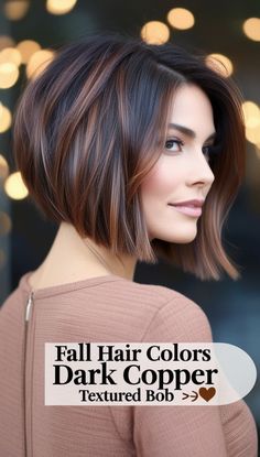 Is Fall Hair Colors Dark Copper Sleek Straight Lob Your Next Hairstyle 🍂 Bob Hairstyle Brunette, Short Hair Copper Balayage, Hair Color For Brown Hair, Dark Hair With Red Underneath, Dark Brown Short Hair With Highlights, Short Hair Peekaboo Color, Shoulder Length Fall Hair Color, Balayage For Dark Brown Hair Short, Fall Hair Color For Brunettes Short