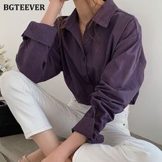 Purple Shirts, Female Blouse, Women Blouse, Elegant Blouses, Purple Shirt, Blouse Tops, Loose Shirts, 가을 패션, Women Shirts Blouse