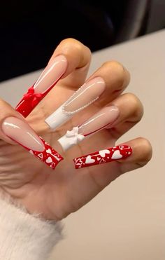 Cherry French Tip Toes, Nail Inspo Summer French Tip, Acrylic Nails Baddie Aesthetic, Cartoon French Tip Nails, Valentines Nails Extra, Initial Nails Valentines Day, Red Nails Christmas Holidays, Dramatic Nails Acrylic, Airbrush Acrylic Nails