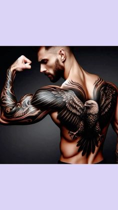 a man with an eagle tattoo on his arm and chest is flexing his muscles