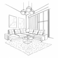 a line drawing of a living room with couches and coffee table in front of large windows