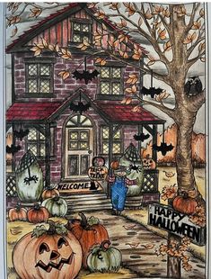 a drawing of a house decorated for halloween