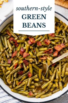 southern - style green beans in a white bowl with a wooden spoon on the side