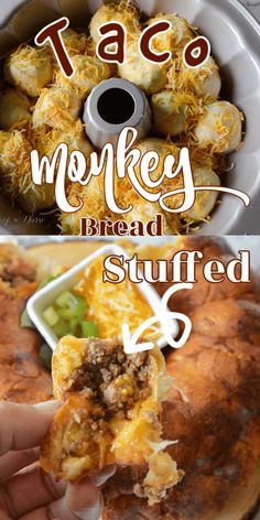 there are two pictures with the words taco monkey bread stuffed in it and on top