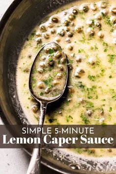 a bowl of lemon caper sauce with a spoon in it