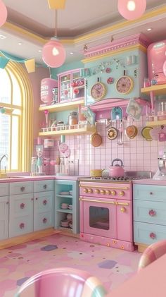 a kitchen with pastel colors and lots of pink accessories on the counter top,