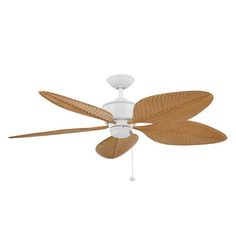 a white ceiling fan with wooden blades on the top and two brown leaves on the bottom