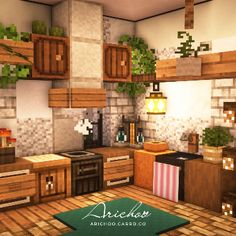 an image of a kitchen in minecraft with plants on the counter and cabinets above