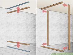 two pictures showing how to install an overhead beam in a room with tile flooring